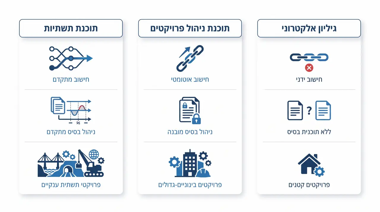 השוואה בין גיליון אלקטרוני, MS Project ו-Primavera P6 לניהול לוחות זמנים בבנייה